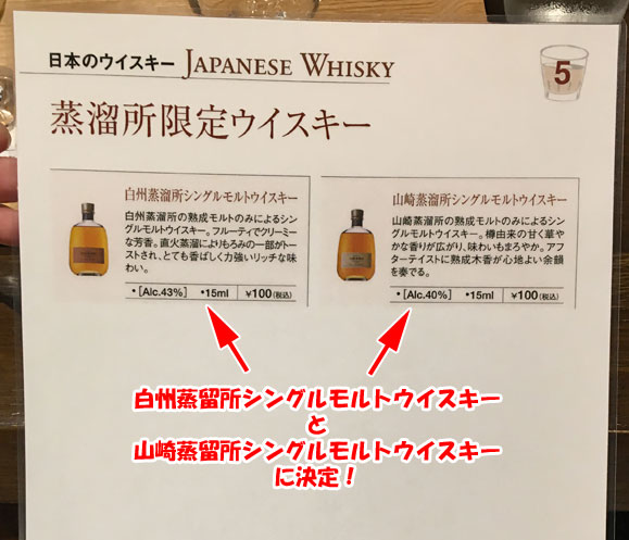 サントリー天然水南アルプス白州工場・BAR白州のメニュー