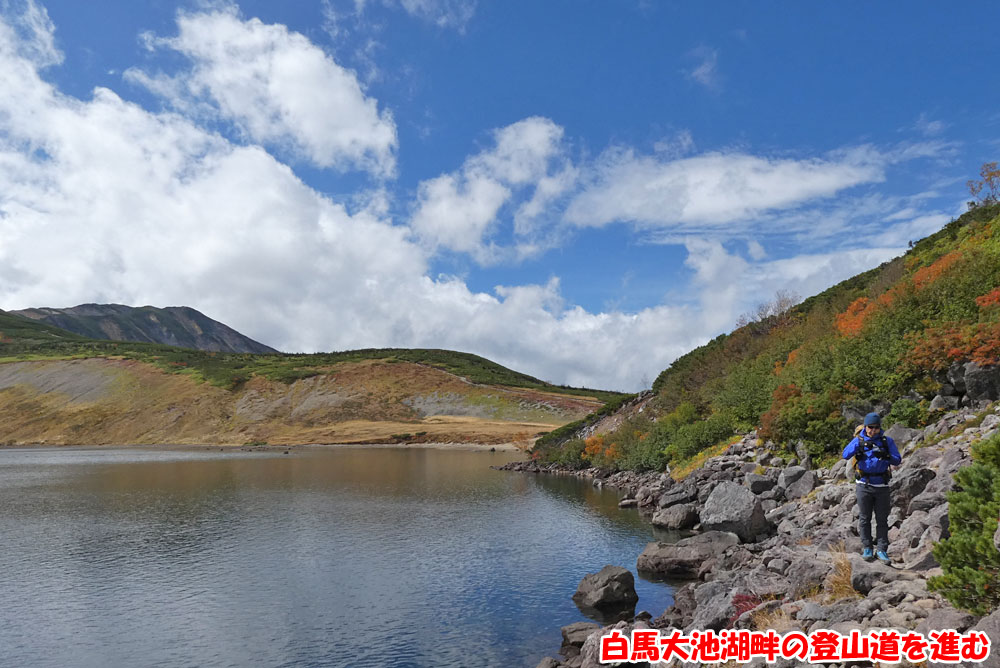 白馬大池湖畔の登山道を進む